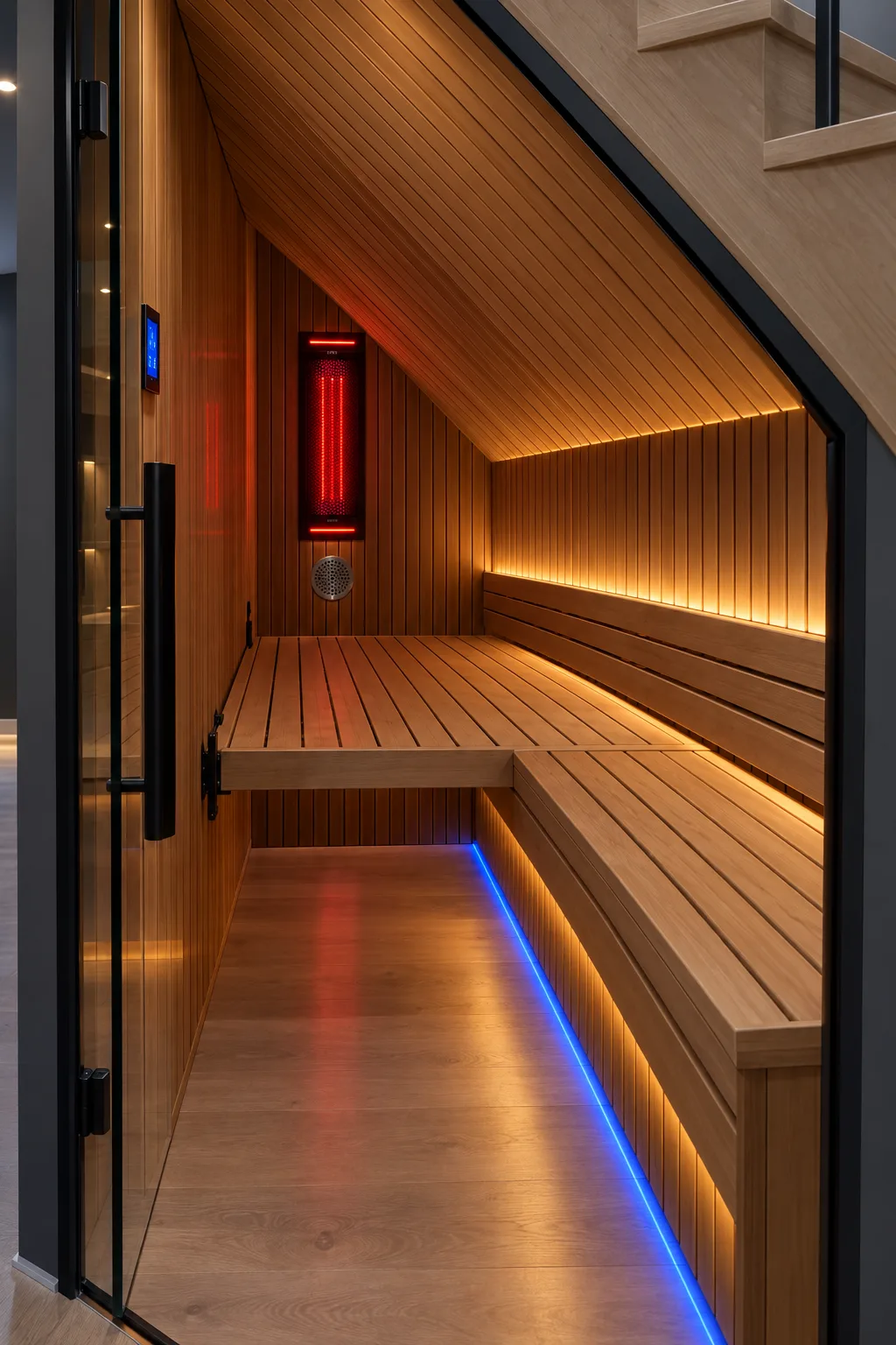 Under-stair sauna seen through the glass door: fold-down slatted deck lowered to meet the right bench, red-light panel and round blower at the far end, CO2 display by the door